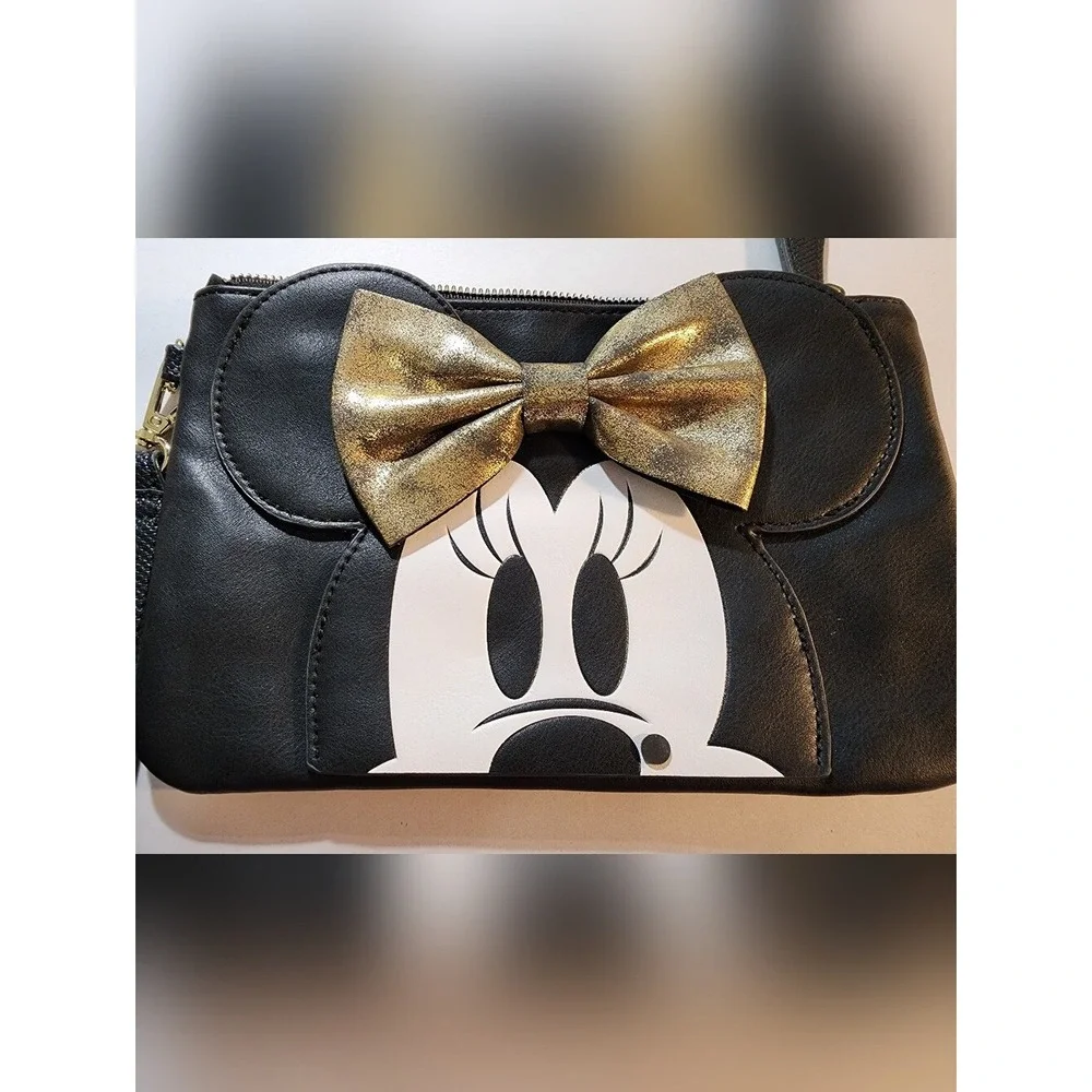 Disney Clutch Minnie Mouse Black Wristlet Clutch with Gold Bow